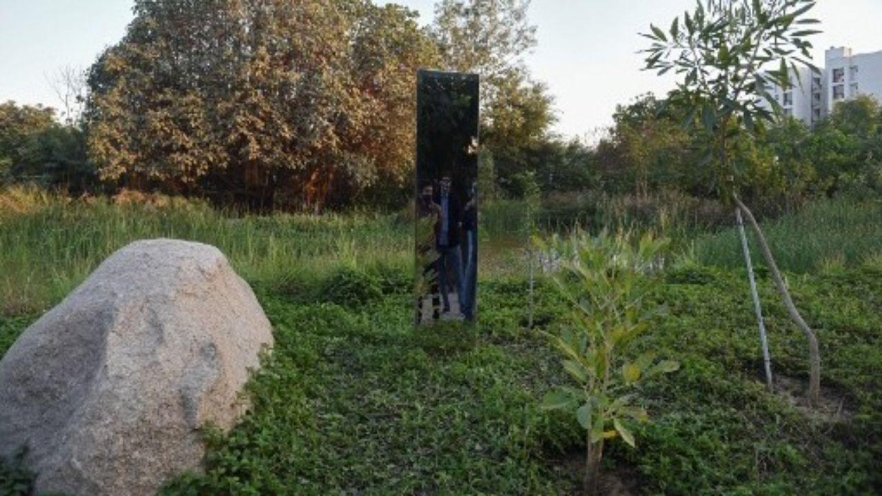 An art installation of a monolith made of steel is seen at Symphony Forest park in Ahmedabad. Pic/AFP