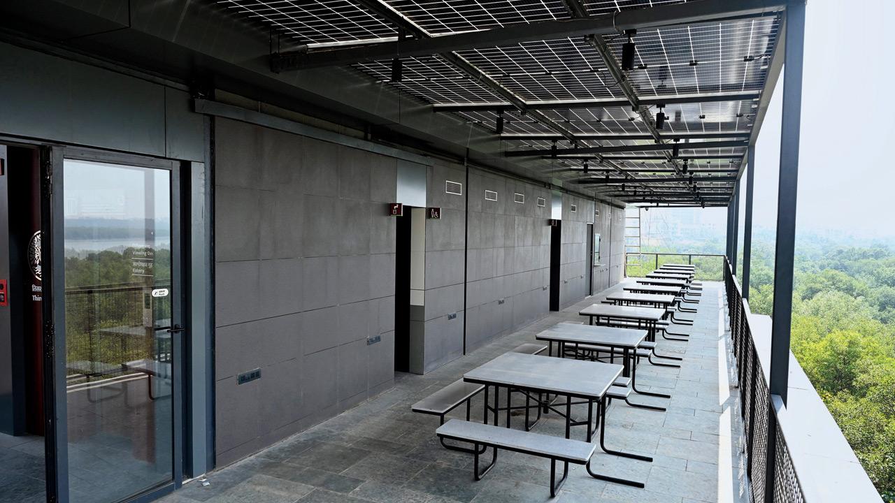 Facilities at the mangrove park in Gorai, including a caf&eacute;, washrooms, ticket counter, and library, are ahead of its public opening. Pics/Satej Shinde