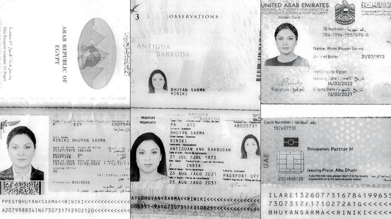 The three passports of UAE , Antigua and Barbuda, and Egypt, allegedly in the name of Riniki Bhuyan Sharma. PIC/X/@hai_mahmoodul