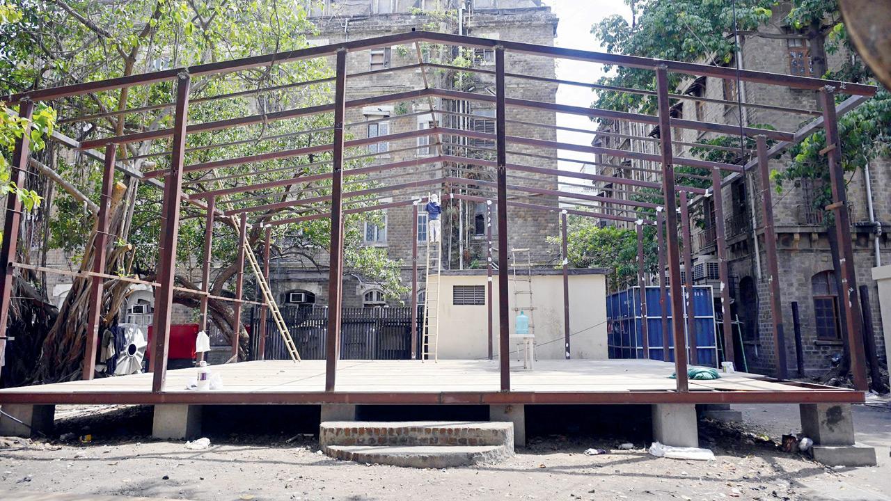Construction work underway at the Ballard Estate site being developed into a garden and food court. Pic/Ashish Raje