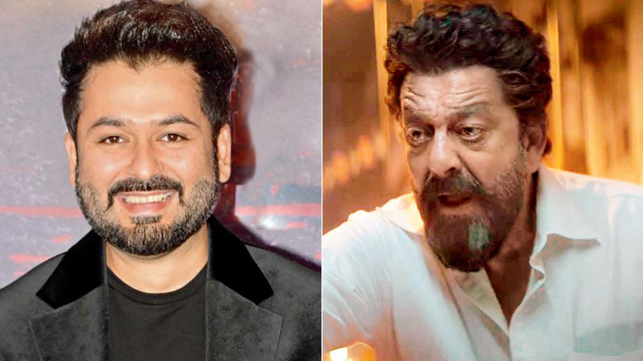 Aditya Dhar. Pic/Yogen Shah; (right) Sanjay Dutt as SP Chaudhry Aslam in &lsquo;Dhurandhar&rsquo; franchise. Pic/Youtube