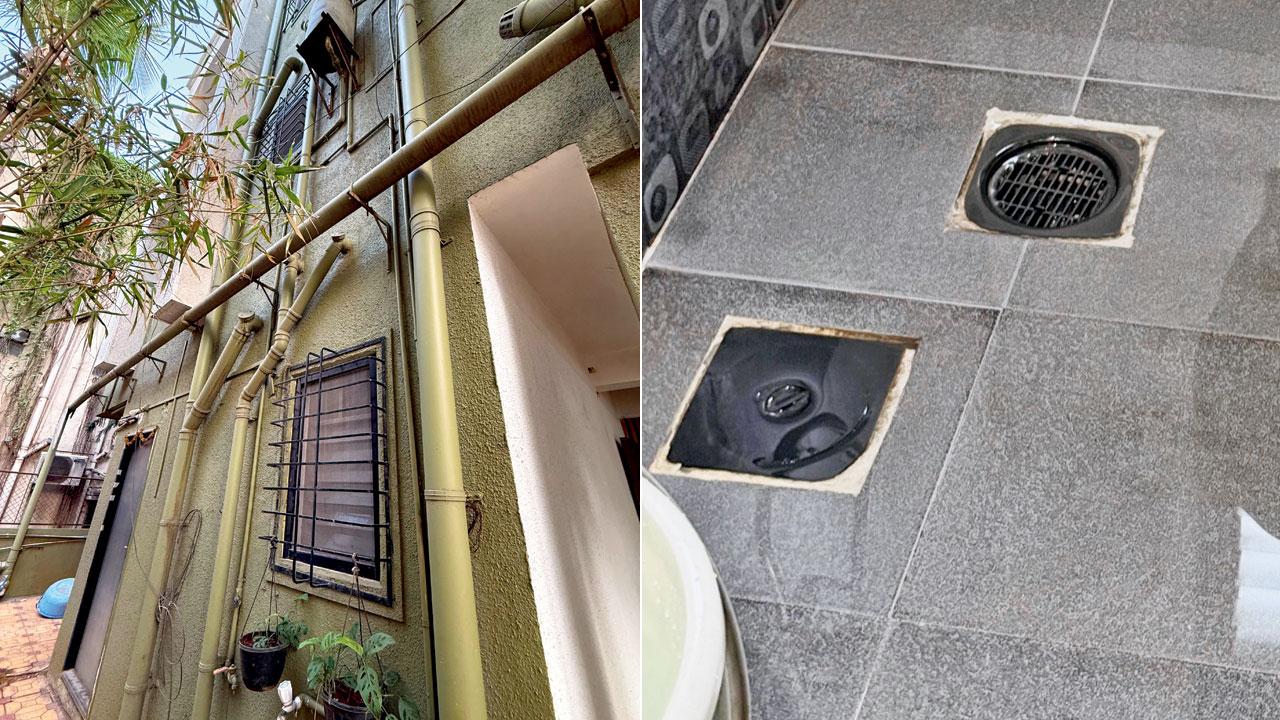 Specially designed pipeline directs reusable bathroom water to a ground-level storage tank; (right) Every bathroom in Ladkat&rsquo;s house has a dual-drainage arrangement