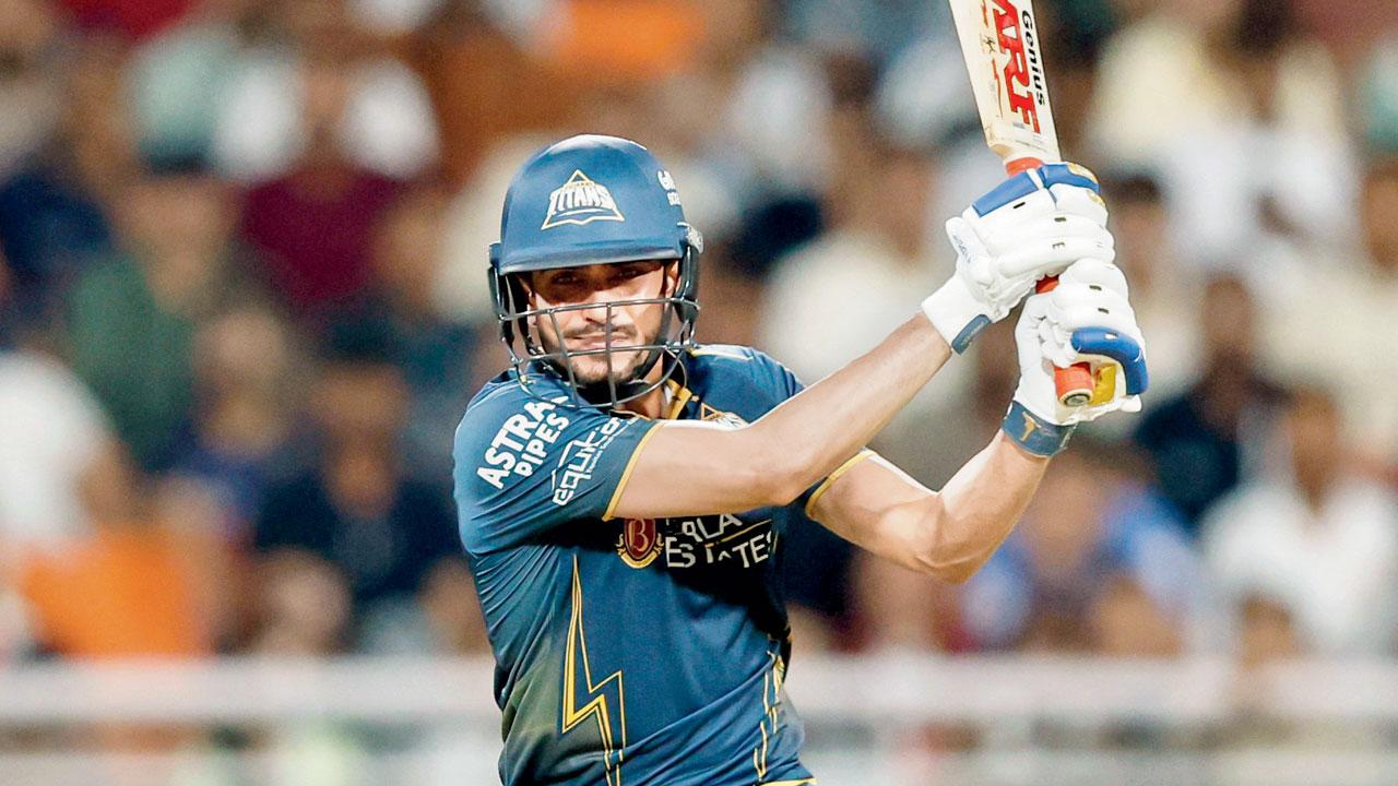 Gujarat Titans skipper Shubman Gill en route his century in the Qualifier 2 against Rajasthan Royals in New Chandigarh last week. Pics/AFP