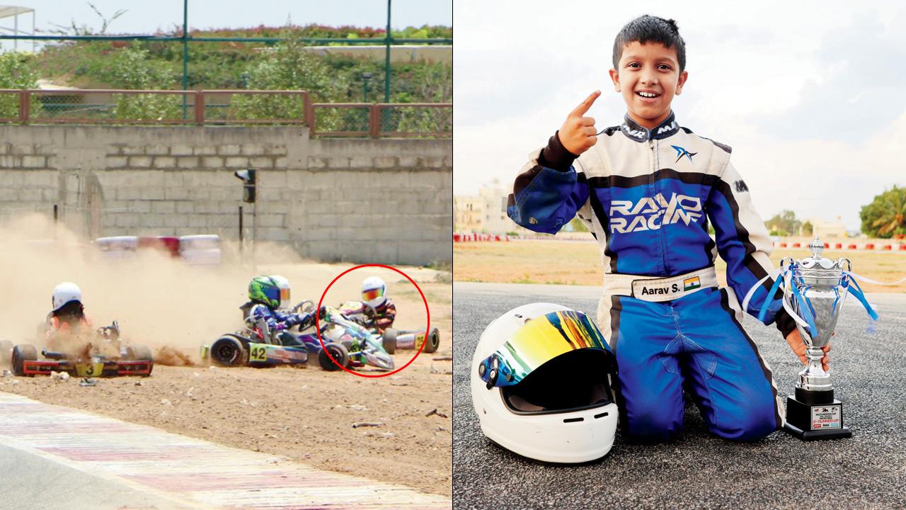 The multi-vehicle crash that sent Aarav Sureka (in circle) off the course. PICS COURTESY/SUREKA FAMILY