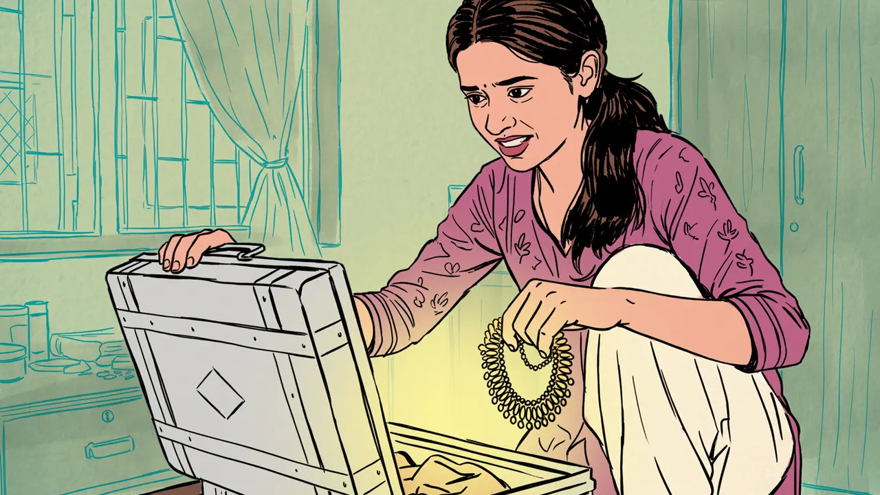A 19-year-old allegedly stole gold jewellery worth R3.1 lakh, including a 25-gram mangalsutra, three-gram ring, and three-gram earrings, from her grandmother’s cupboard locker using a key kept inside the house. Illustrations/Uday Mohite