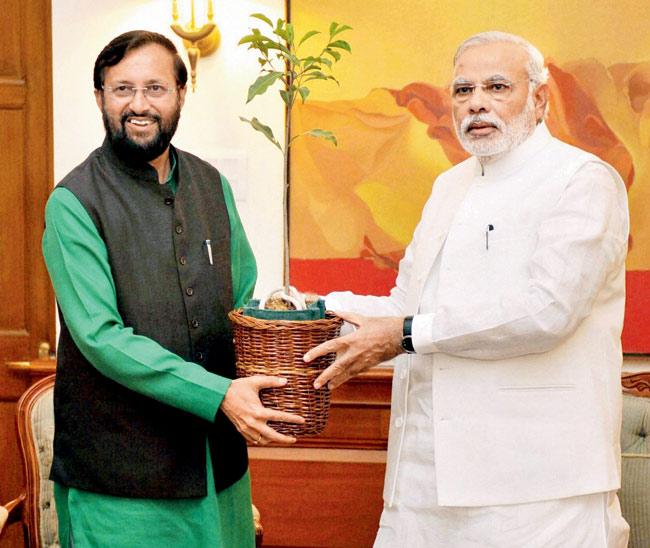 Environment Minister Prakash Javadekar gifted PM Modi a sapling, following which he released a new poster, because nothing says “I love you Mother Earth” like printing a ton of paper posters that nobody will ever use. pic/PTI