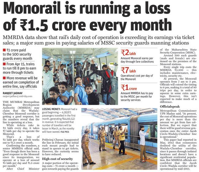 mid-day’s April 1 report on Monorail’s monthly loss of Rs 1.5 cr