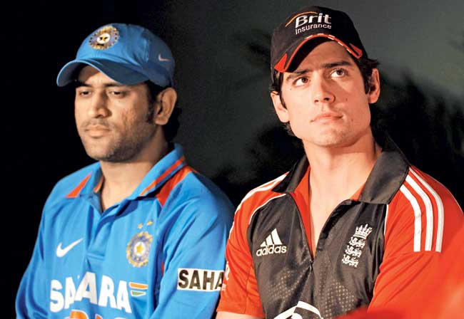 MS Dhoni (left)and Alastair Cook.  Pic/Getty Images
