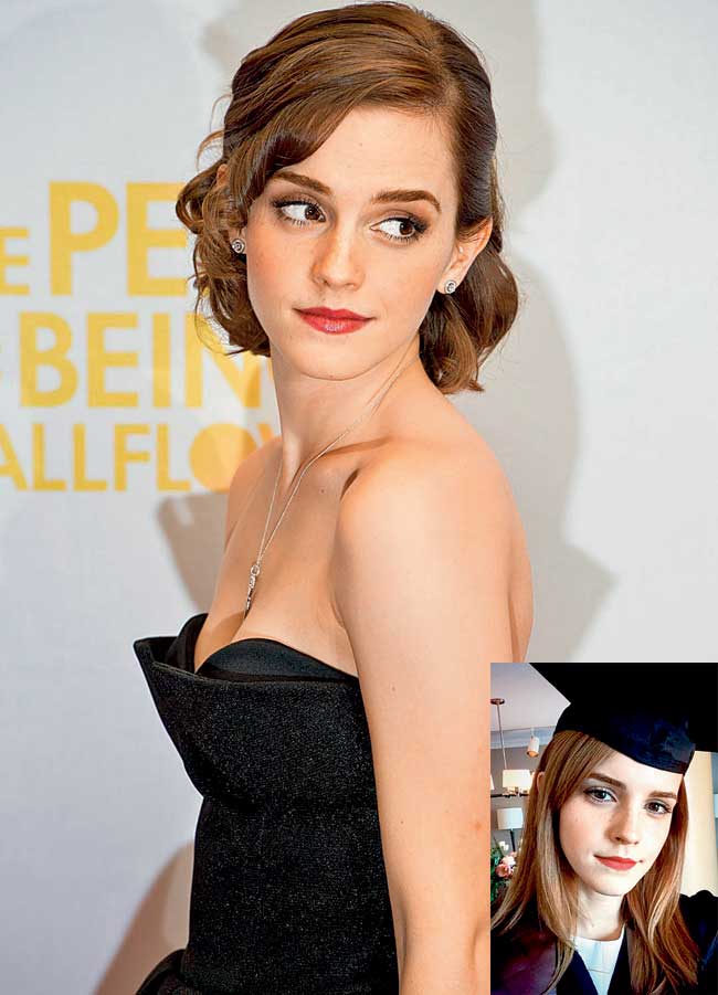 Emma Watson;  (inset) She posted a photo on Twitter showing her wearing a mortarboard and gown