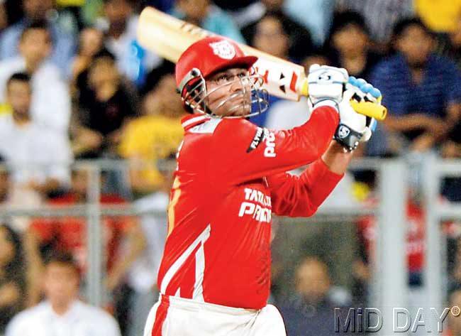Virender Sehwag en route his 58-ball 122 at the Wankhede on Friday. Pic/Suresh KK