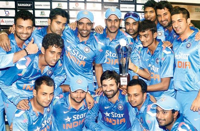 India players celebrate their 2-0 series win over Bangladesh at Shere Bangla National Stadium in Mirpur yesterday. Pic/AFP