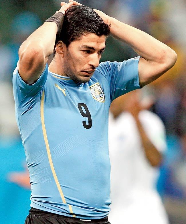 Luis Suarez reacts during Uruguay