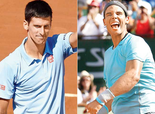 Novak Djokovic (left) and Rafael Nadal celebrate their semis wins over Ernests Gulbis and Andy Murray on Friday respectively. Pics/AFP