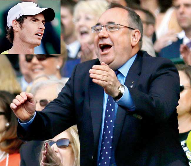 Scottish First Minister Alex Salmond cheers for Andy Murray in his 2013 Wimbledon final battle with Novak Djokovic. Pic/Getty Images and (Inset) Andy Murray