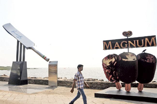 The giant metal bat installed on Carter Road, like most good metal, reflects vibrantly in our sunlight. I don’t know why we have to blind incoming aircraft with a laser cannon to celebrate Sachin Tendulkar. He’s a cricketer, not a Bond villain. File pic