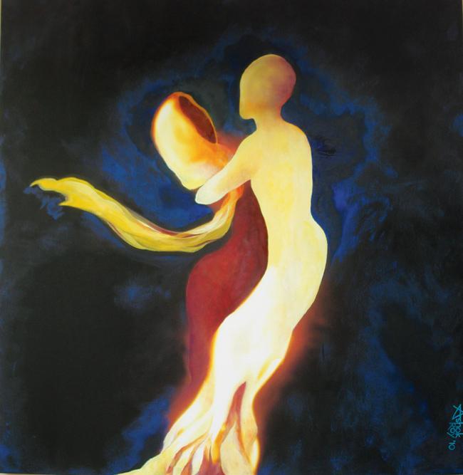 Flaming Passion: This painting began as a picture of a candle flame, which was then given the shape of two human figures in a passionate encounter