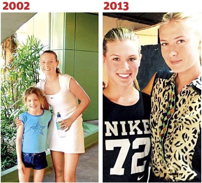 Canadian tennis player Eugenie Bouchard with Maria Sharapova in 2002 and 2013. Bouchard will face Sharapova in the French Open semi-finals in Paris today. Pic/Facebook