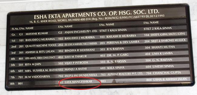 Singer Lata Mangeshkar owns flat number 802 in Esha Ekta Apartments of Campa Cola society
