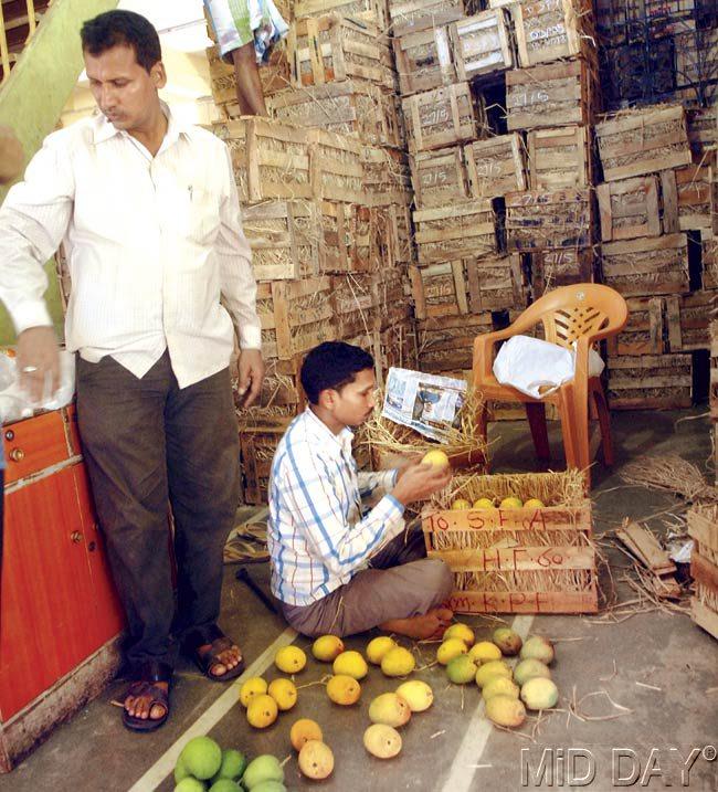 Nutpur Rehman (standing) pays R1 lakh for operating a mango stall for six months at the market