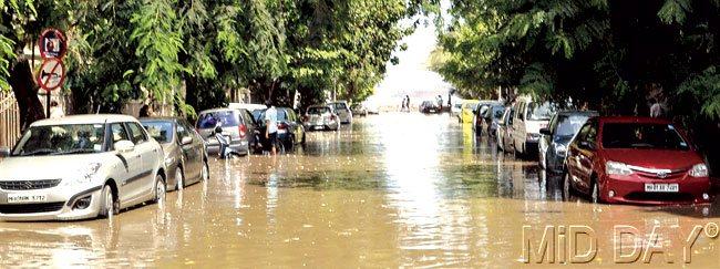 The flooded Cadell Road in Shivaji Park