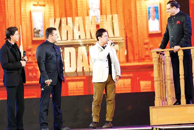 From left SRK, Salman and Aamir Khan with Rajat Sharma