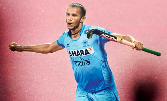 India forward SV Sunil celebrates a goal against the Netherlands in the FIH Champions Trophy in Bhubaneswar yesterday. Pic/AFP