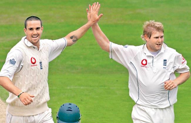 Kevin Pietersen and Matthew Hoggard celebrate a wicket against Pakistan at Headingley, Leeds in 2006. Pic/Getty Images