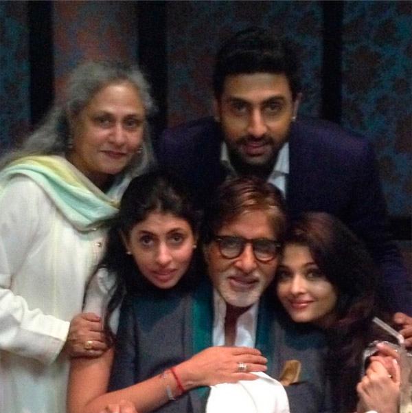 Amitabh Bachchan, Abhishek Bachchan, Jaya Bachchan, Aishwarya Rai Bachchan and daughter Shweta Nanda on his 72nd birthday. Pic/Abhishek Bachchan