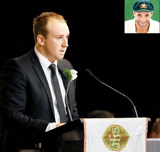 Jason Hughes speaks during the funeral service of his brother Phillip in Macksville, Australia recently (Pic/Getty Images) and (Inset) Late Phillip Hughes