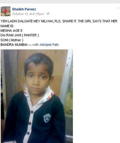 The Facebook post which led to Megha being found.