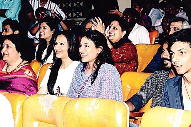 From left: Rajinikanth’s wife Latha, Soundarya, Aishwarya, Dhanush and Anirudh Ravichander at a screening of Lingaa