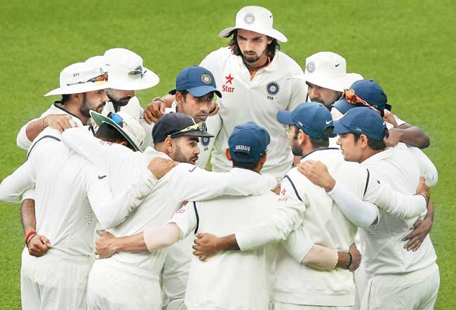 Team India in a huddle during Day Two of the first Test at Adelaide on Wednesday. Pic/Getty Images