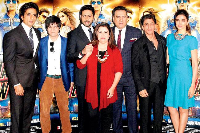 Director Farah Khan with her Happy New Year star cast at a promotional event in the city