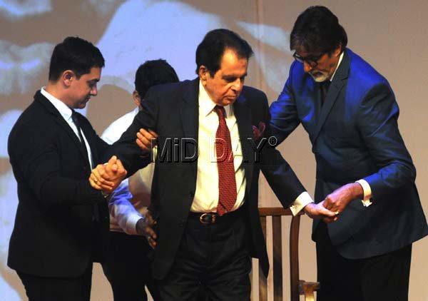 Three Generations, One Stage: Veteran star Dilip Kumar flanked by Aamir Khan (left) and Amitabh Bachchan (right) at the launch of the thespian’s autobiography in June.