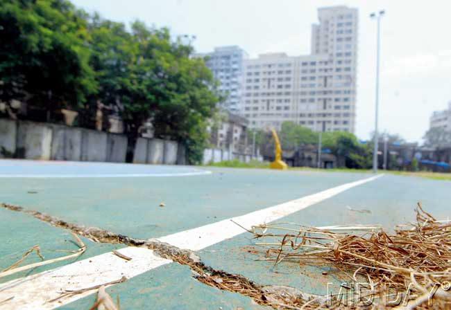 Deep cracks on the basketball court of the Rajiv Gandhi District Sports Complex at Dharavi. Pics/Shadab Khan