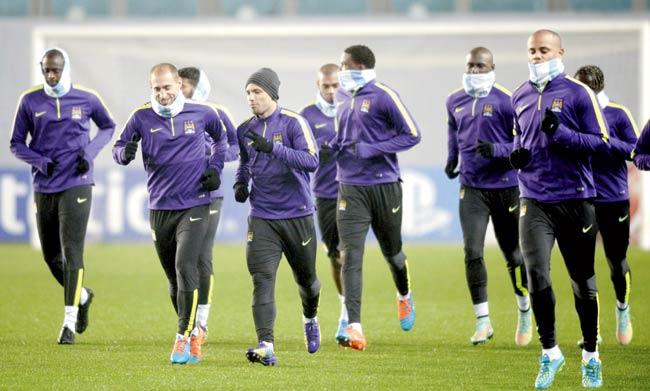 Man City players train in Moscow yesterday. Pic/AFP