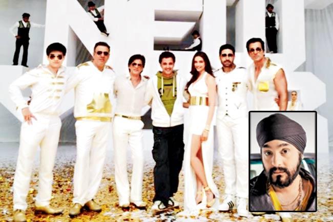 From left: Happy New Year actors, Vivaan Shah, Boman Irani, Shah Rukh Khan, choreographer Ganesh Hegde, Deepika Padukone, Abhishek Bachchan and Sonu Sood at the shoot of the Sharabi song (inset) Surj, RDB’s lead member