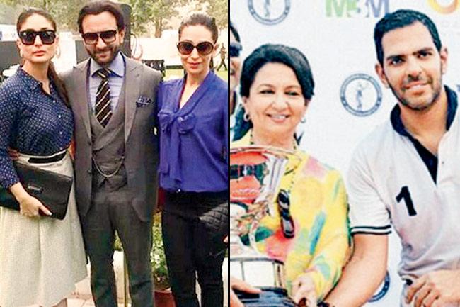 (L-R) Kareena Kapoor, Saif Ali Khan and Karisma Kapoor at the event and Sharmila Tagore and Sunjay Kapur
