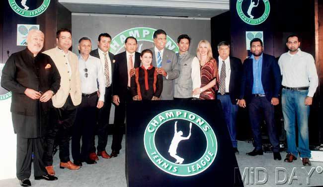 Owners of the Champions Tennis League franchises with tennis legend Vijay Amritraj (seventh from left) in the city yesterday. Pic/Sayyed Sameer Abedi