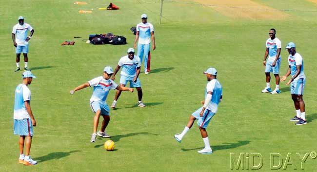 West Indies players play football at the Brabourne Stadium yesterday. Pic/Atul Kamble