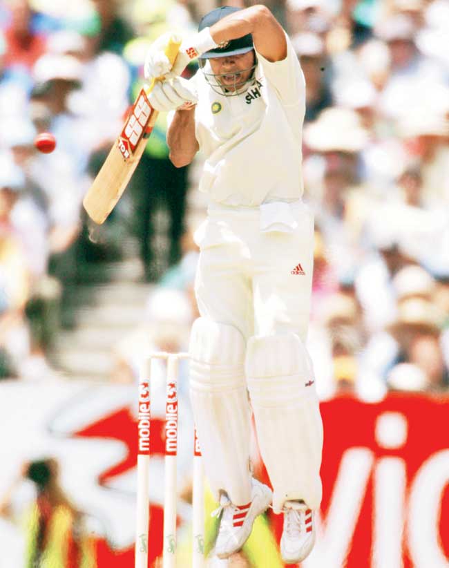 Aakash Chopra fends a short delivery against Australia in Melbourne Test in 2003. Pic/Getty Images