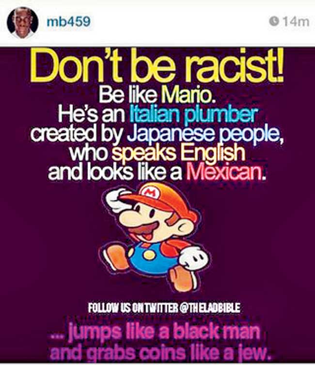 The controversial words Mario Balotelli posted on his Instagram account on Monday. He quickly deleted it and also apologised
