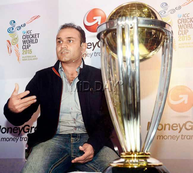 Virender Sehwag during a promotional event for the World Cup in the city yesterday. Pic/Sayyed Sameer Abedi
