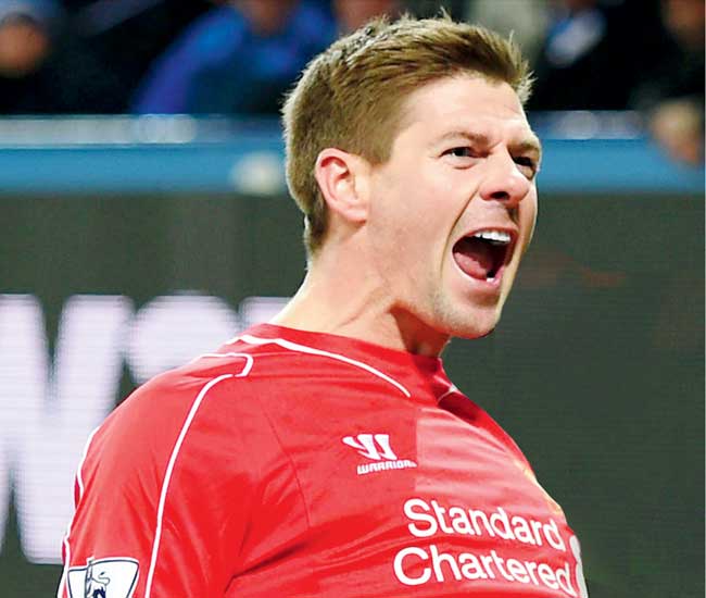 Steven Gerrard celebrates scoring for Liverpool in EPL on Tuesday. Pic/getty Images