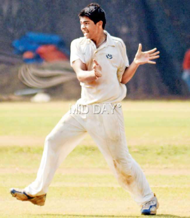 Saksham Parashar celebrates a wicket yesterday. Pic/Atul Kamble