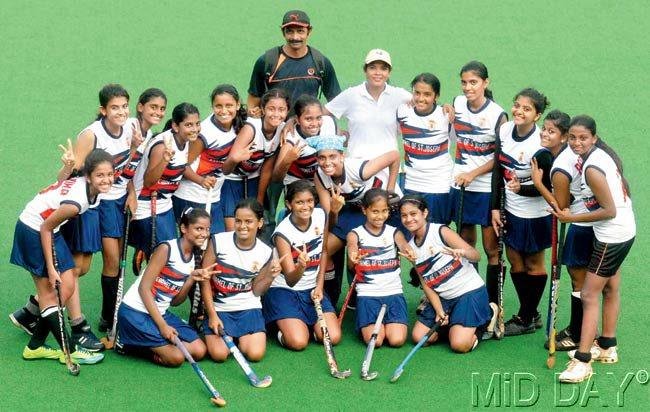 Carmel of St Joseph players celebrate after winning the MSSA U-16 inter-school hockey event at MHA-Mahindra Stadium. Pic/Atul Kamble