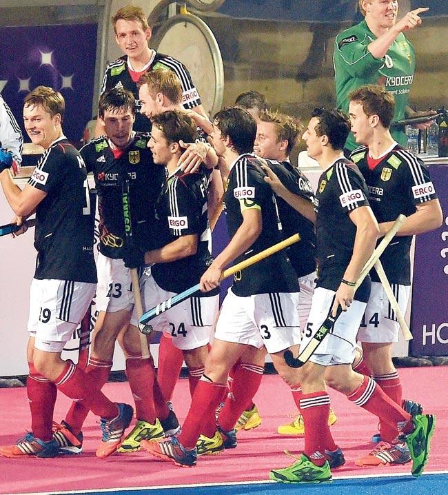German players celebrate after scoring the winning goal against hosts India at Bhubaneswar