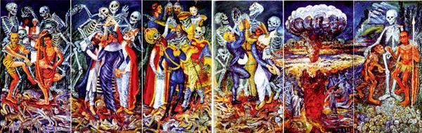 Anna Molka Ahmed’s massive six-panel painting The Dance of Death depicts a range of ethnic groups and a nuclear Holocaust throwing the world “back to the Stone Age”. Courtesy of a Pakistani art historian.  