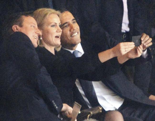 US President Barack Obama (R) and British PM David Cameron pose for a selfie with Denmark’s PM Helle Thorning Schmidt (C) at Nelson Mandela’s funeral. This incident evoked a lot of debate on what is appropriate behaviour on taking selfies especially for celebrities and leaders. Pic/Getty Images