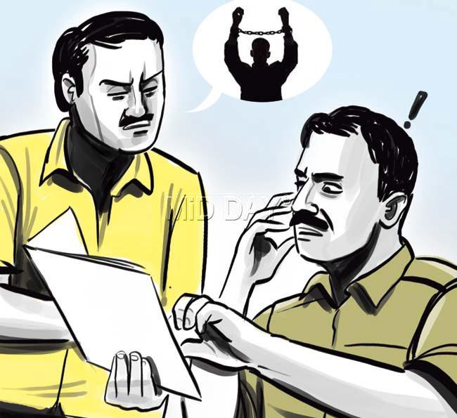 The ‘kidnappers’ turn out to be Bangalore police, who show their IDs and inform Vanrai police that Rai is accused of cheating students of lakhs of rupees on the pretext of giving them seats in a medical college. Illustration/Amit Bandre